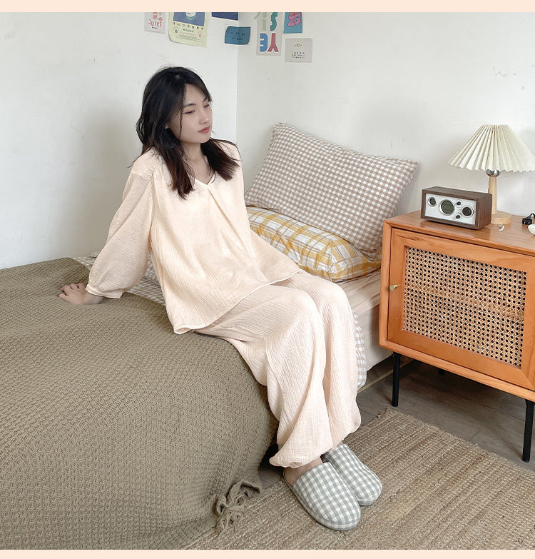 Double-layer Cotton Yarn V-neck Pajamas Suit Comfortable Homewear