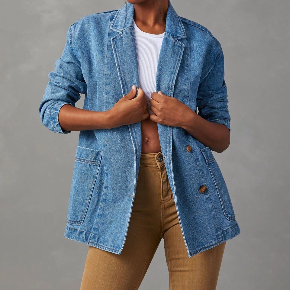 Veste de costume de femme en denim bleu lavé