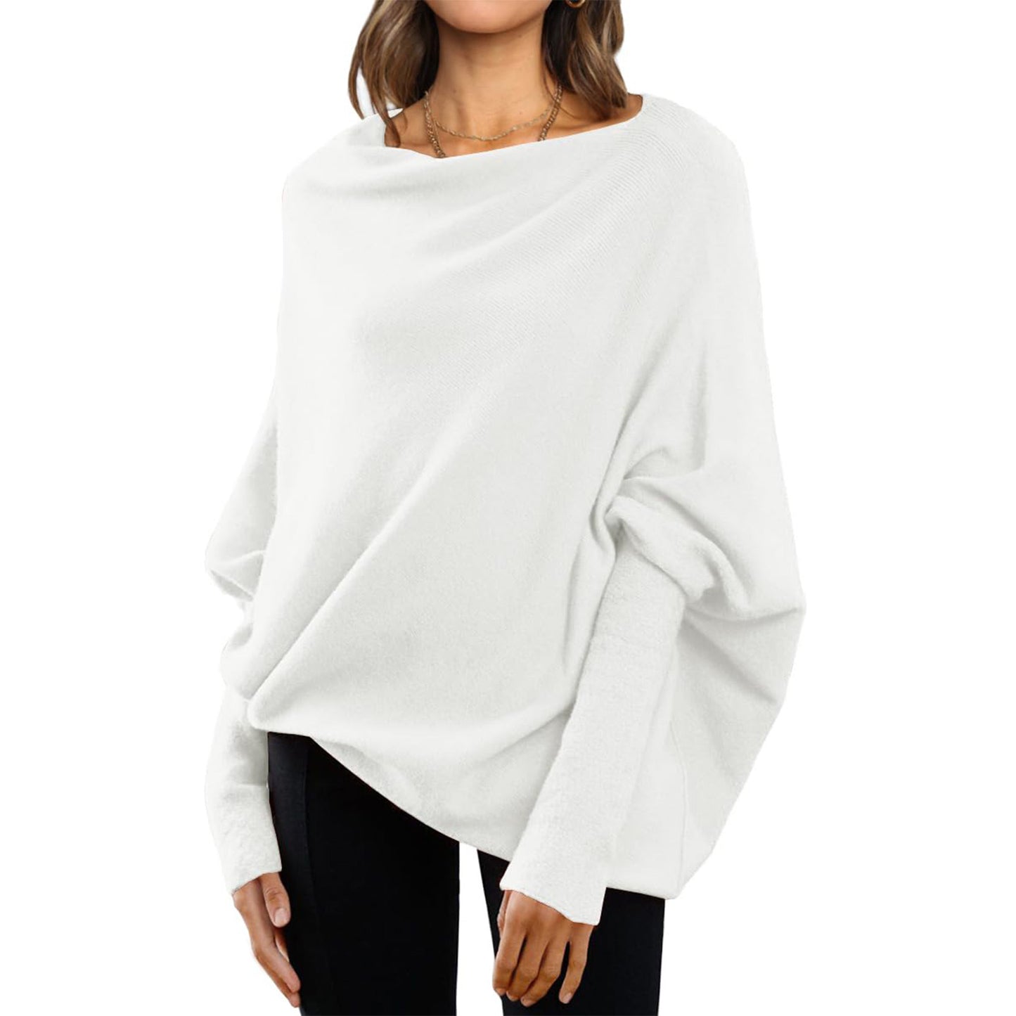 Pinage à manches de chauve-souris en vrac Tops simples décontractés Couleur solide polyvalente Pull à cou rond pour les femmes