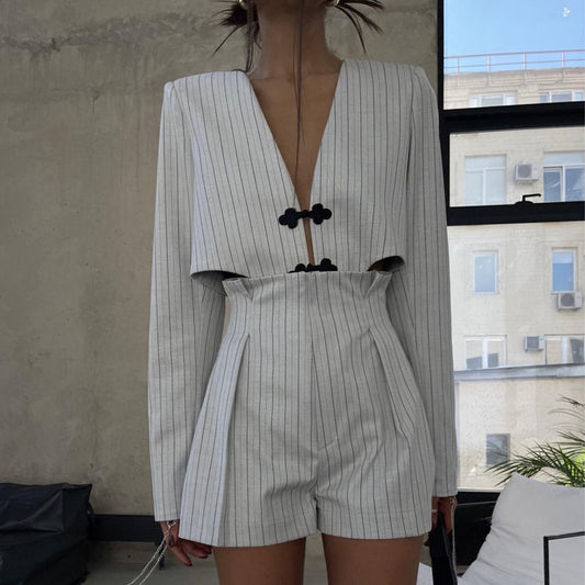 Niche Design Long Sleeve Jacket High Waist Shorts Striped Suit