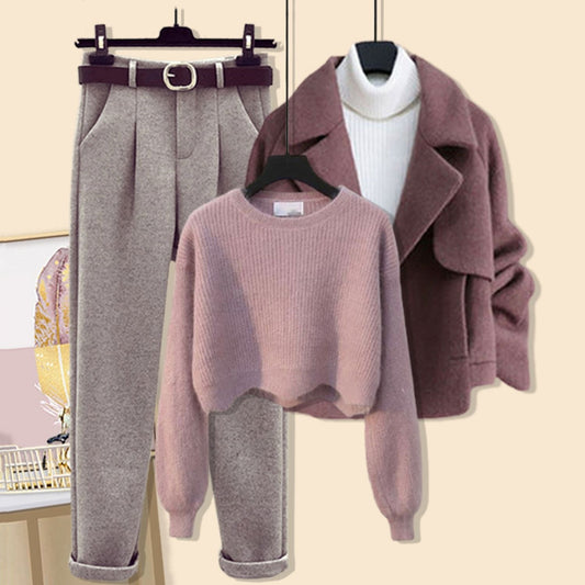 Winter Women's Woolen Coat Sweater Pants Three-piece Set