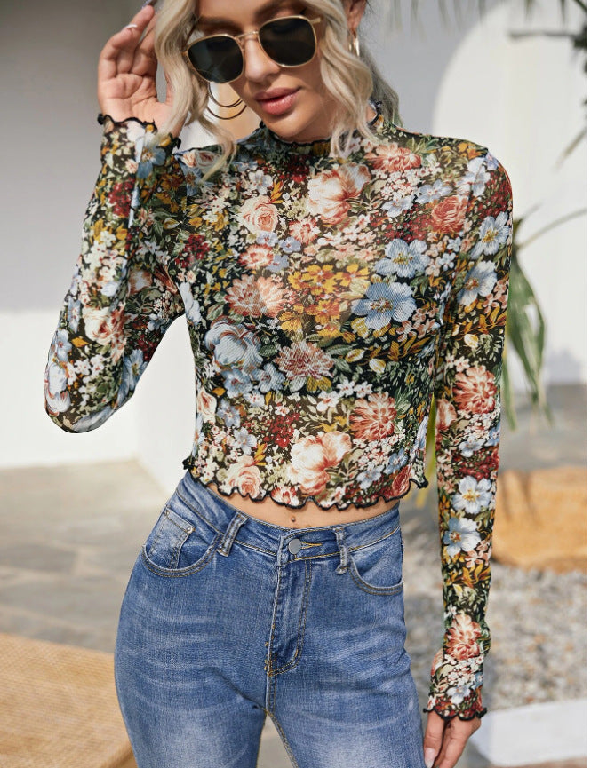 Lettuce Edge Floral Print Mesh Top